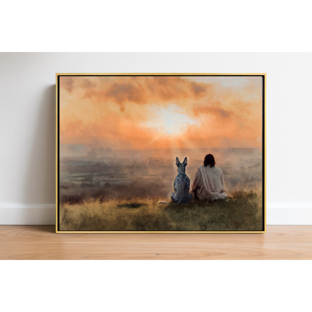 Sunset Pals Doberman (with tail intact) Framed Canvas