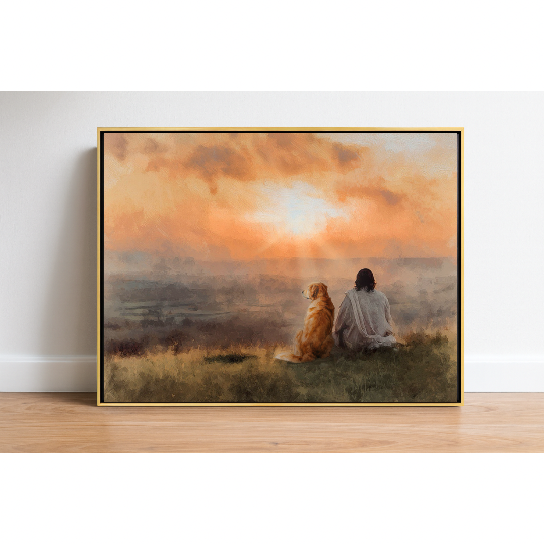 Sunset Pals Golden Retriever Framed Canvas