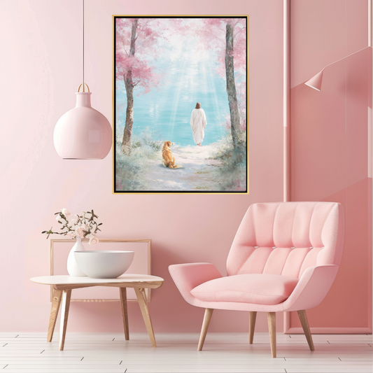 Faithful Friend by the Water: Golden Retriever Framed Canvas